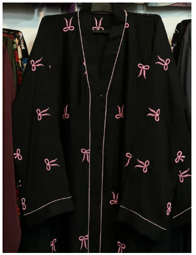 Black Abaya with Pink Bow Embroidery