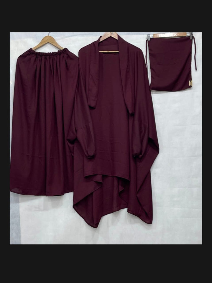 3 PIECE nikab JILBAB SKIRT SIZE Nikab 10 inch weidth 12 inch length  JILBAB LENGTH 39 INCH CHEST FREE SIZE SKIRT LENGTH 39 INCH waist 28 to 40 inch stachable Bottom (gehra) 120 inch Stuff jorjet (manjan) thick stuff jilbab abaya