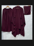 3 PIECE nikab JILBAB SKIRT SIZE Nikab 10 inch weidth 12 inch length  JILBAB LENGTH 39 INCH CHEST FREE SIZE SKIRT LENGTH 39 INCH waist 28 to 40 inch stachable Bottom (gehra) 120 inch Stuff jorjet (manjan) thick stuff jilbab abaya