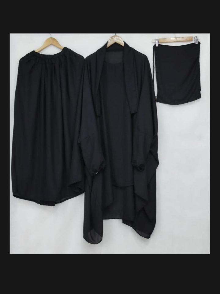 3 PIECE nikab JILBAB SKIRT SIZE Nikab 10 inch weidth 12 inch length  JILBAB LENGTH 39 INCH CHEST FREE SIZE SKIRT LENGTH 39 INCH waist 28 to 40 inch stachable Bottom (gehra) 120 inch Stuff jorjet (manjan) thick stuff jilbab abaya