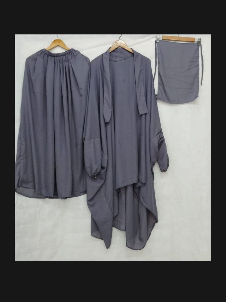 3 PIECE nikab JILBAB SKIRT SIZE Nikab 10 inch weidth 12 inch length  JILBAB LENGTH 39 INCH CHEST FREE SIZE SKIRT LENGTH 39 INCH waist 28 to 40 inch stachable Bottom (gehra) 120 inch Stuff jorjet (manjan) thick stuff jilbab abaya