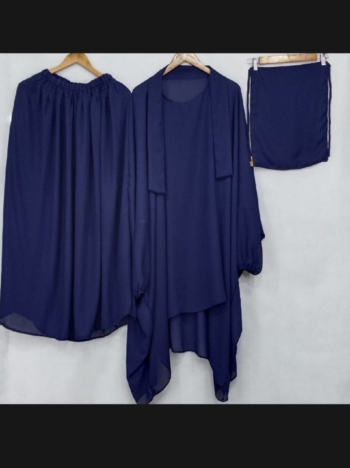 3 PIECE nikab JILBAB SKIRT SIZE Nikab 10 inch weidth 12 inch length  JILBAB LENGTH 39 INCH CHEST FREE SIZE SKIRT LENGTH 39 INCH waist 28 to 40 inch stachable Bottom (gehra) 120 inch Stuff jorjet (manjan) thick stuff jilbab abaya