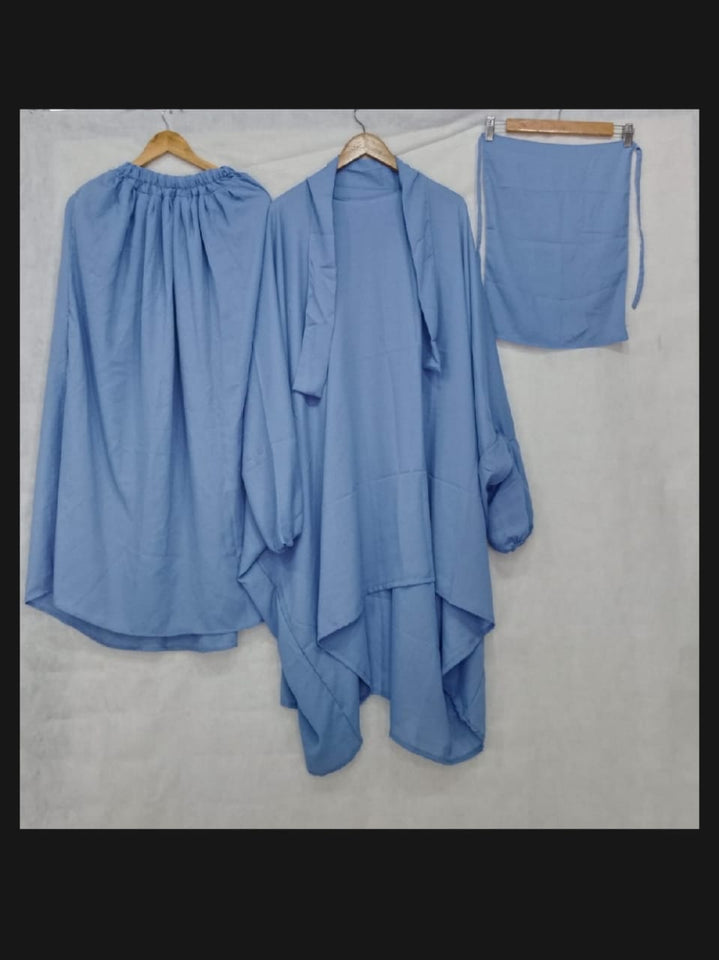 3 PIECE nikab JILBAB SKIRT SIZE Nikab 10 inch weidth 12 inch length  JILBAB LENGTH 39 INCH CHEST FREE SIZE SKIRT LENGTH 39 INCH waist 28 to 40 inch stachable Bottom (gehra) 120 inch Stuff jorjet (manjan) thick stuff jilbab abaya